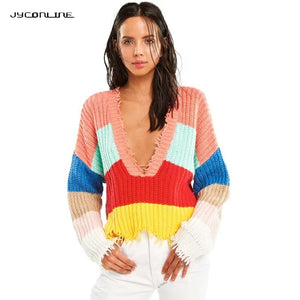 Rainbow Stripe Sweater For Women Fringe Deep V Neck Sexy Fashion Jumper Crop Pullover Female Autumn Winter Knit Clothes - The SoapGirls