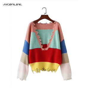 Rainbow Stripe Sweater For Women Fringe Deep V Neck Sexy Fashion Jumper Crop Pullover Female Autumn Winter Knit Clothes - The SoapGirls